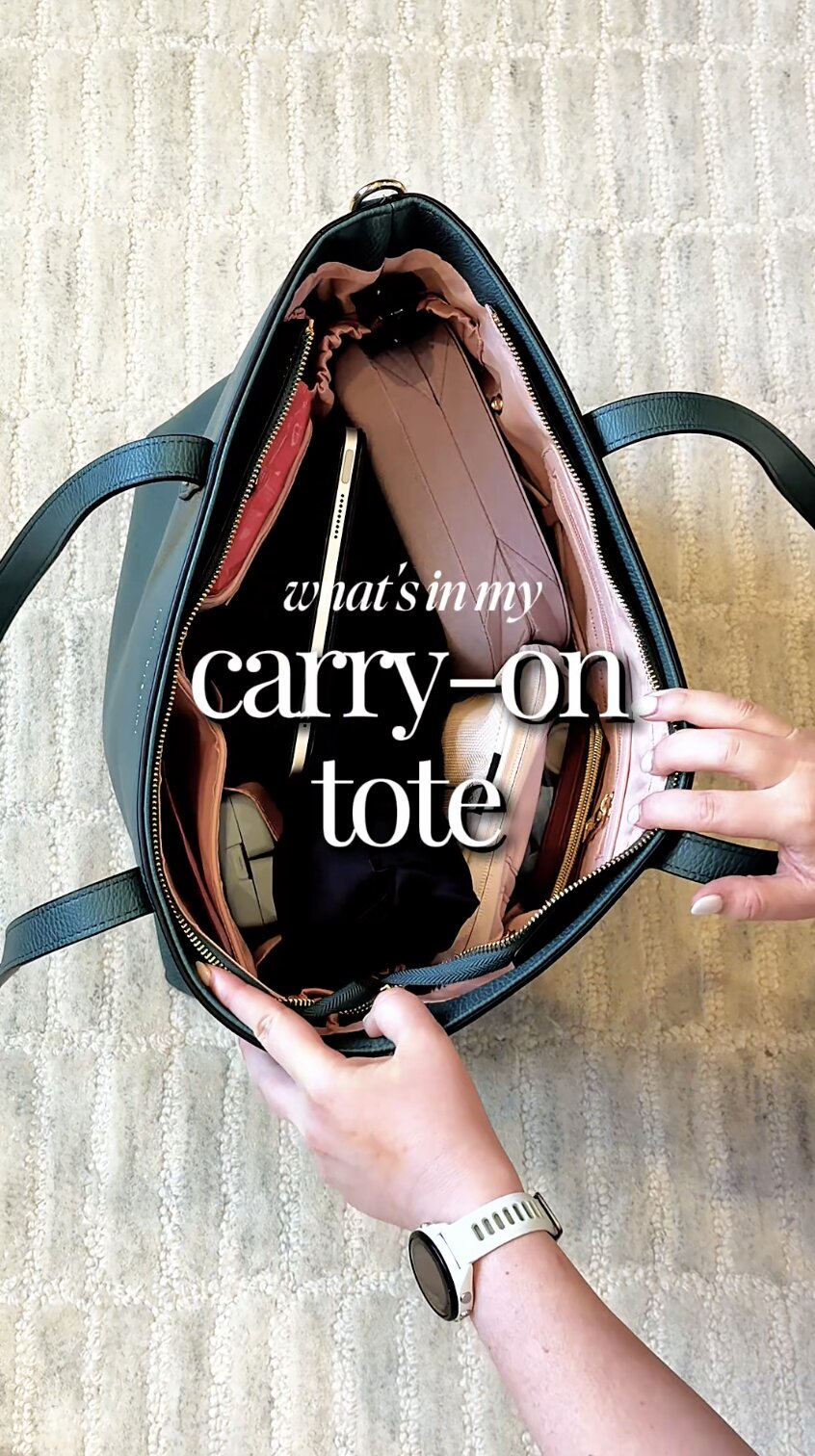 What's in my carry-on tote — packed interior of a green leather tote